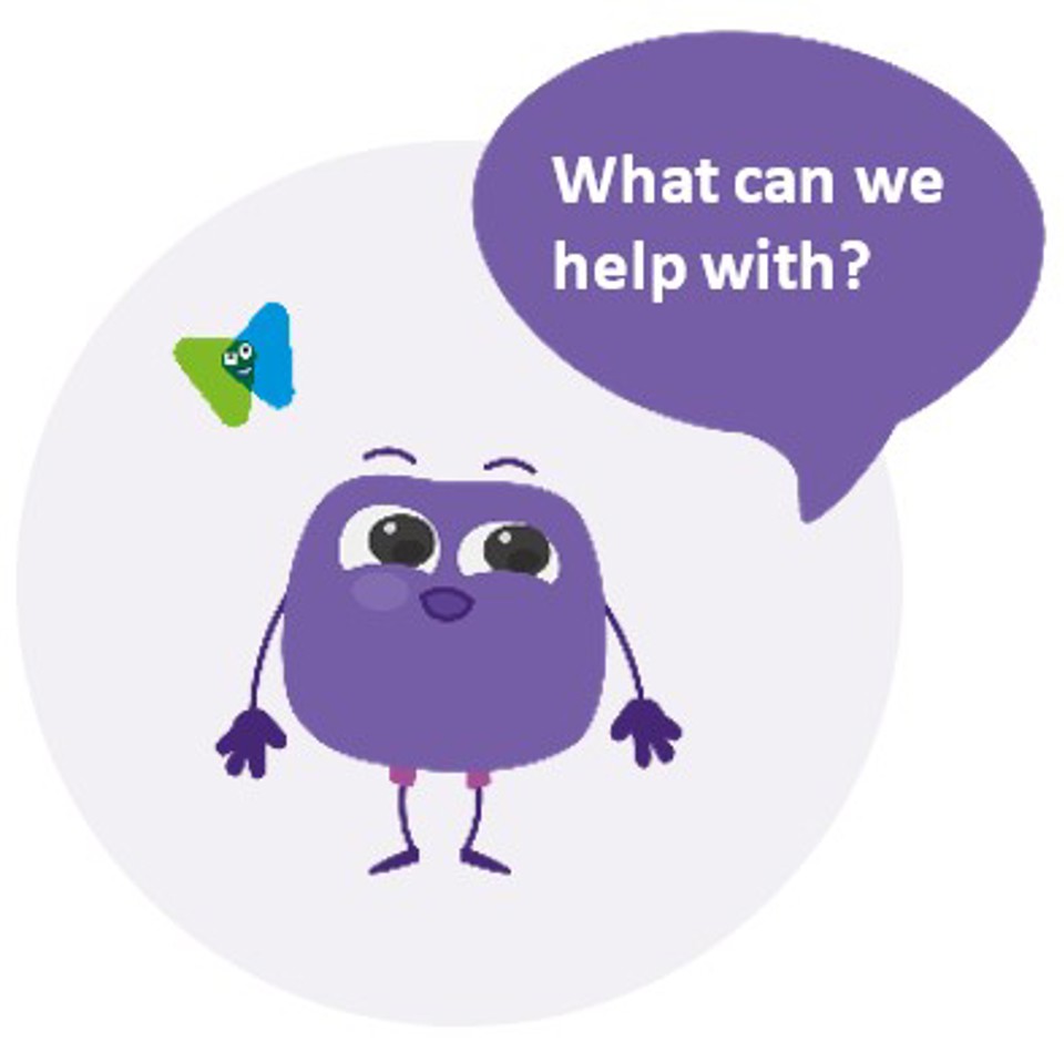 purple cartoon figure asking what can we help with?