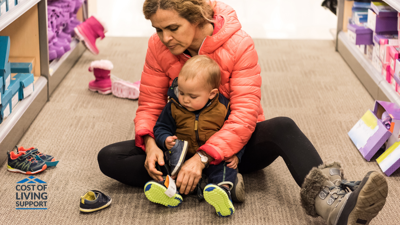 Mum trying shoes on son in shoe shop