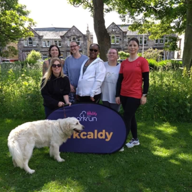 park run group shot and golden retriever