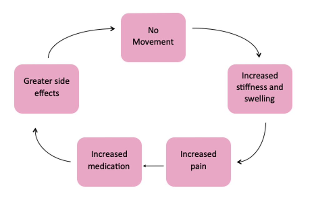  A cycle diagram shows the negative effects of a lack of movement. Starting with "No Movement," an arrow points to "Increased stiffness and swelling." An arrow from there points to "Increased pain." The next arrow points to "Increased medication," which is followed by an arrow to "Greater side effects." A final arrow points back to "No Movement" to complete the cycle.