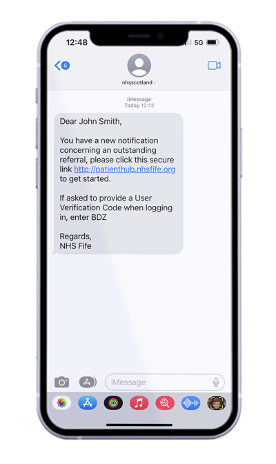 Patient Hub mobile phone showing example screen