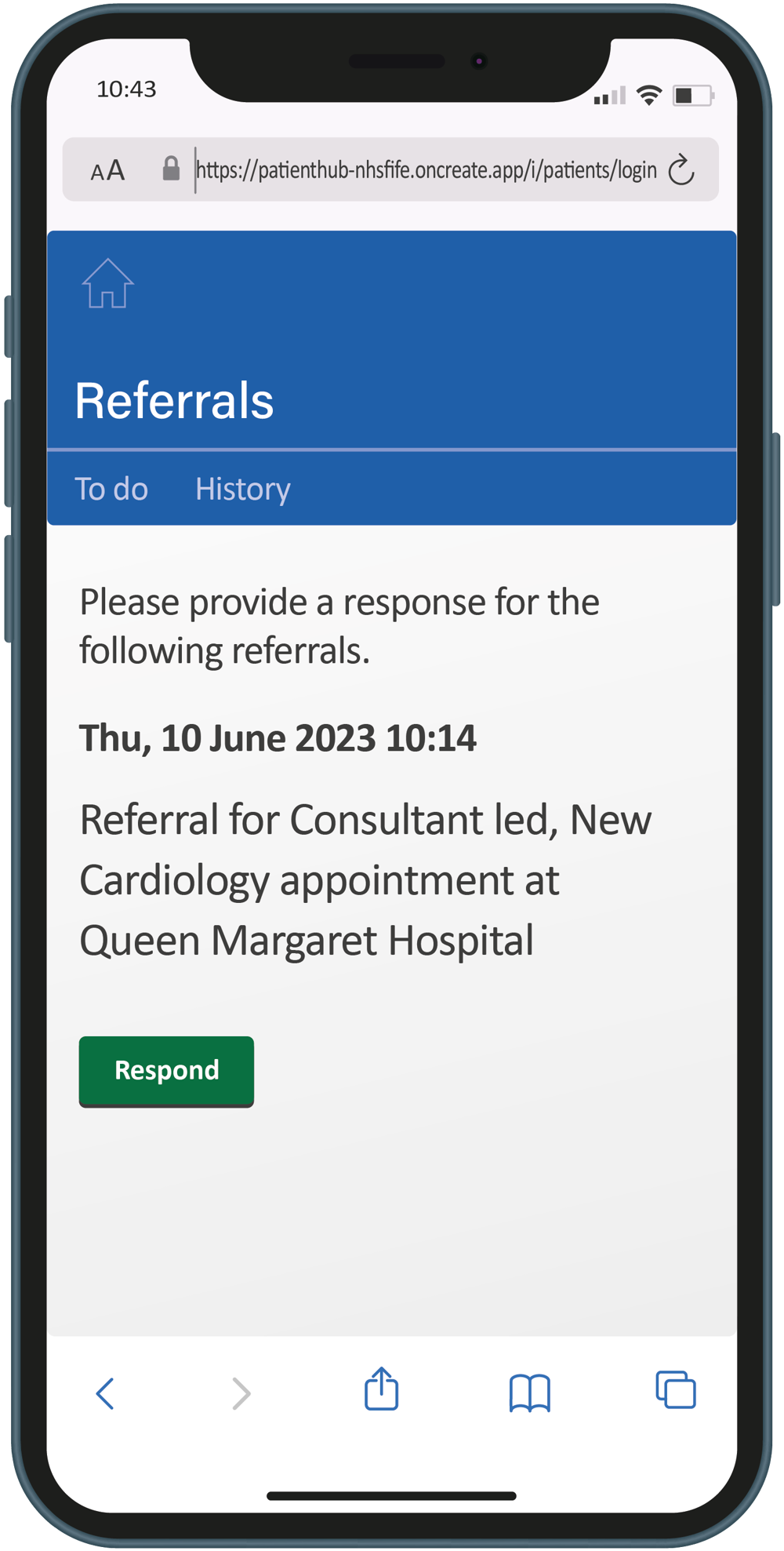 Patient Hub mobile phone showing example screen