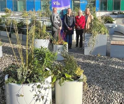 Official opening of the roof top Critical Care Recovery Garden, ICU, Victoria Hospital. Left to right, Dr Lucy Hogg, Consultant, ICU & Anaesthesia, NHS Fife; Cicely Leeuwenberg, Garden Designer; Tricia Marwick, Chair, Fife Health Charity, Margo McGurk, Director, Finance & Strategy.
