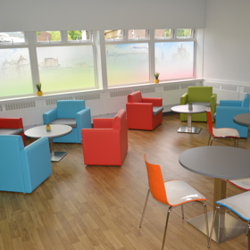Wellbeing hub blue and red chairs
